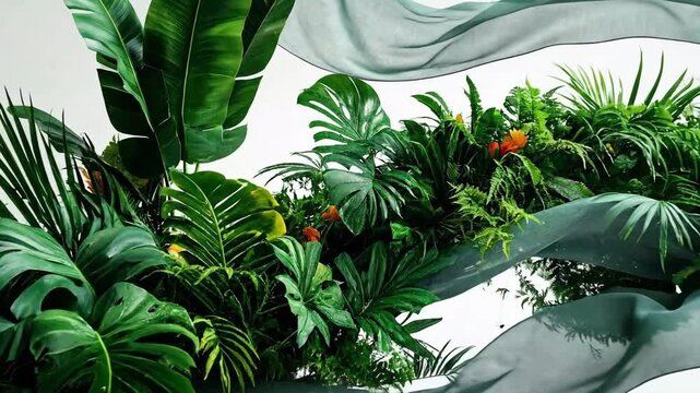 Lush tropical foliage arrangement with monstera and palm leaves, draped with sheer fabric.