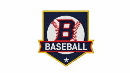 Embroidered Baseball Logo Patch with Bold B Letter, Red Stitched Ball and Navy Shield Background for Team Jerseys, Caps, Jackets and Fan Apparel Customization

