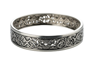 Ornate silver bracelet with intricate swirling knotwork and floral motifs