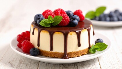 Decadent mini cheesecake with chocolate drizzle, berries, and mint on a white plate