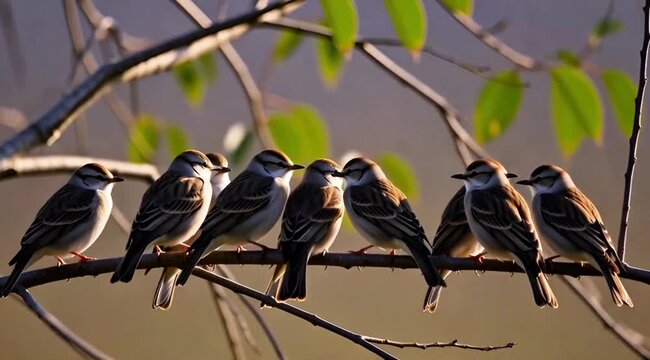 Row of Perched Sparrows &ndash; Cute Small Birds on Thin Branch in Green Foliage Nature Portrait