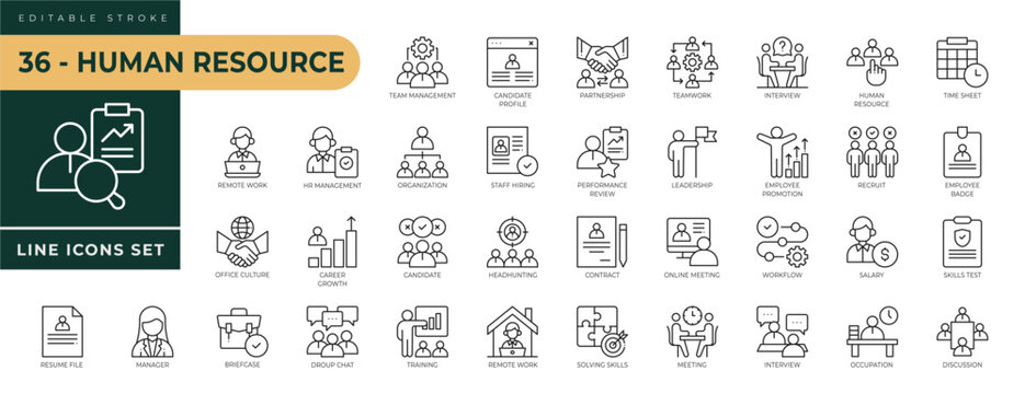 A collection of Human Resource icons set with editable stroke, including team management, candidate, partnership, teamwork, interview, time sheet, skills test, online. Thin linear vector illustration