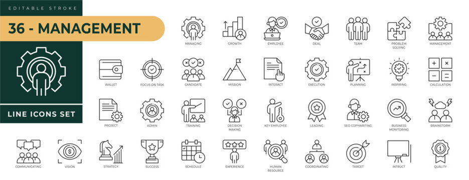 A collection of Management icons set with editable stroke, including growth, employee, deal, team, problem solving, inspiring, calculation, quality, instruct, experien. Thin linear vector illustration