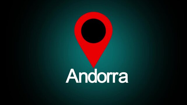 A video showcasing a red map pin icon over a dark background with the word Andorra written below it