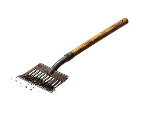 A rusty, metal dustpan with a wooden handle, covered in debris