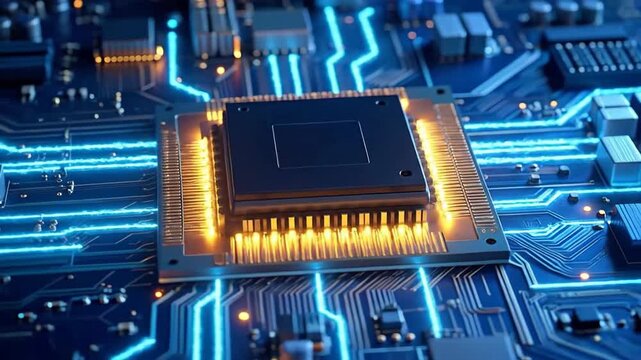 Close-up of a modern computer processor with glowing circuits and intricate details.
