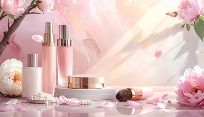 Cosmetics display with pink and gold bottles, blossoms, and petal accents, light bokeh