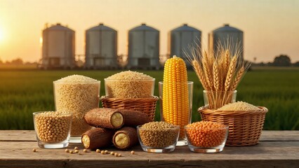 Essential Food Security Staple Grains and Roots with Industrial Silo Sunset Background