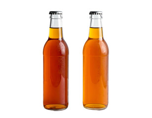 Two amber liquid filled glass bottles with metal caps