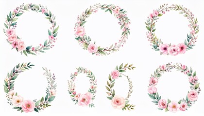 Watercolor floral wreath illustrations in various shapes circles and ovals