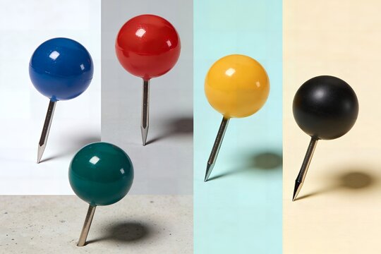 Colorful pinhead set: multicolor map pins photographed in four vertical panels