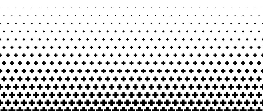 Fading cross shape gradient pattern. Abstract back and white plus sign gradation background. Geometric halftone wallpaper for graphic design, poster, medical banner. Vector vertical transition bg