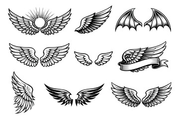 Vintage line art wings set featuring various stylized designs including feathered, demonic, and heraldic wings for logos, emblems, and graphic design