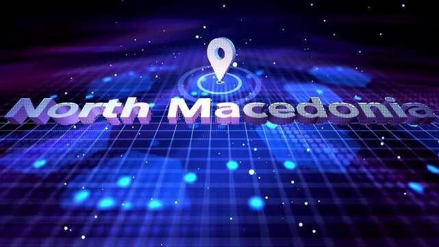 North Macedonia Location Text Animation on Futuristic Digital Grid Background location, pin, marker, map, country, text