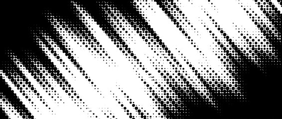 Fototapeta na wymiar Rough dynamic halftone background. Black and white dotted diagonal pattern effect. Abstract jagged scratch stripes wallpaper. Sport banner design template. Grunge comic speed lines backdrop. Vector