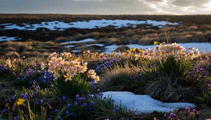 溶けかけの雪の中に咲く花。春の始まり、冬の終わり。