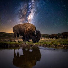 Bison grazing near a water body at night, reflecting the starry sky above. A herd visible in the background