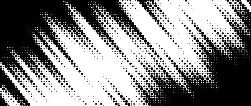 Rough dynamic halftone background. Black and white dotted diagonal pattern effect. Abstract jagged scratch stripes wallpaper. Sport banner design template. Grunge comic speed lines backdrop. Vector