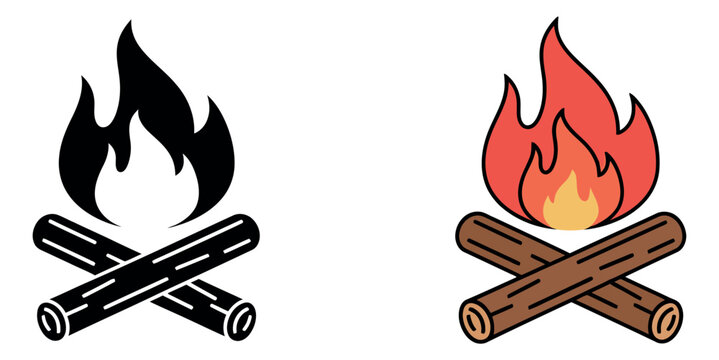 Modern campfire icon set featuring a burning flame and logs in both solid and colorful outline variations for outdoor activities