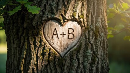 A heart-shaped carving on a tree trunk with initials and a plus sign, symbolizing a union or partnership.