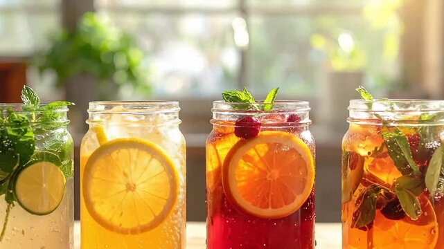 Refreshing summer drinks in mason jars with colorful fruits and herbs.