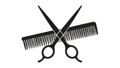 Black & white graphic featuring crossed scissors over a comb, designed for hair care. The tools are stylized