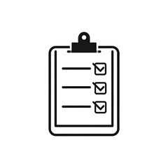 Black & white icon depicting a clipboard with a checklist. The checkboxes are marked. Clean, simple design for various purposes