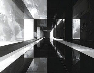 Black & white geometric rendering with highly reflective surfaces, and an overhead view of a modern hallway or interior space