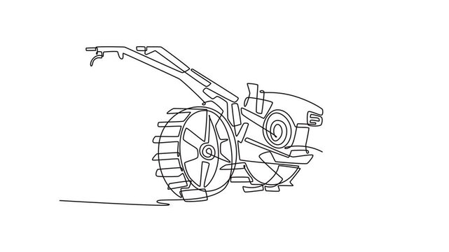 Self drawing animation of single line draw compact manual power tiller or soil cultivator, highlighting its engine component and front-facing treaded wheel. Continuous line draw. Full length animated