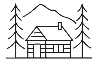 Minimalist wooden cabin line art illustration, simple log house in forest landscape with pine trees and mountain silhouette for camping and mountain getaway concept on white background.