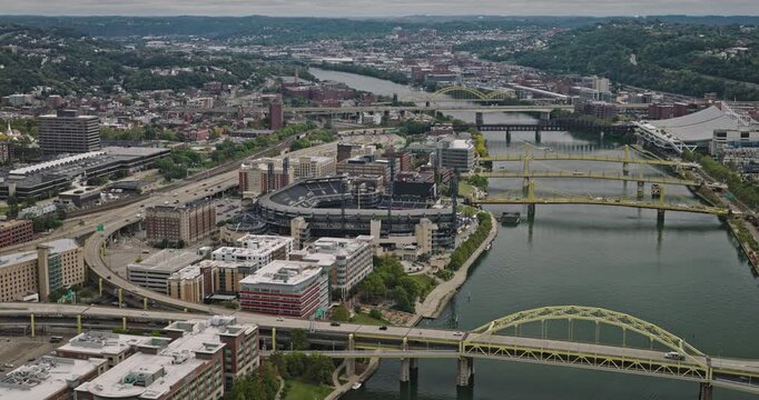 Pittsburgh Pennsylvania Aerial v61 birds eye view flyover Allegheny river capturing North shore ball park and downtown cityscape under an overcast sky - Shot with Inspire 3 8k - Sept 25th 2023
