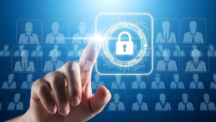 Hand touching a digital lock icon representing cybersecurity and data protection