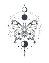 Black & white mystical illustration featuring a large butterfly centered within an array of celestial elements & dotted lines