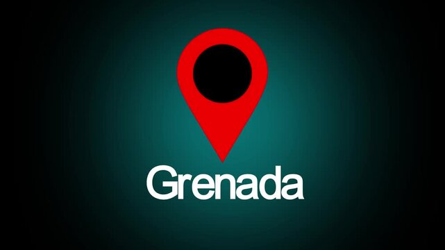 A video showcasing a red map pin icon over a dark background with the word Grenada in white text