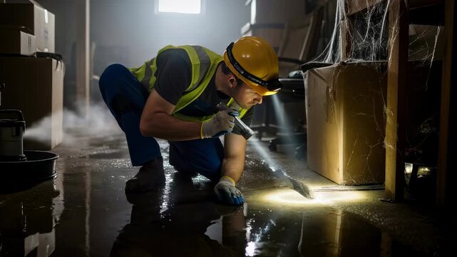 Service worker investigating water leak in dark, flooded building, professional checking damaged floor with flashlight at facility