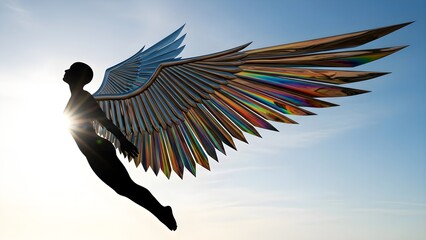 Silhouette of a person with large, colorful wings soaring against a bright sky.