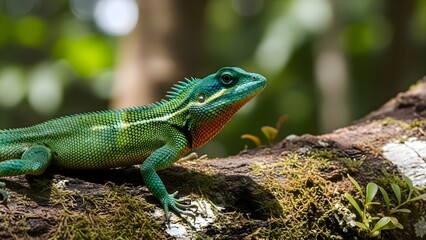 Obraz premium Lizard sitting on tree branch, tropical reptile in wild nature habitat among green leaves in exotic forest during sunny summer day