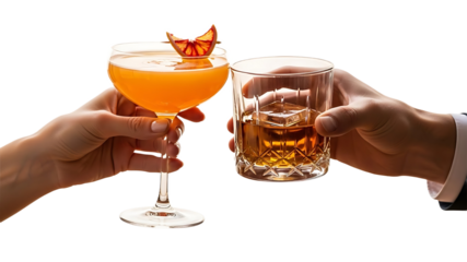Two hands holding cocktails and whiskey glasses in a toast