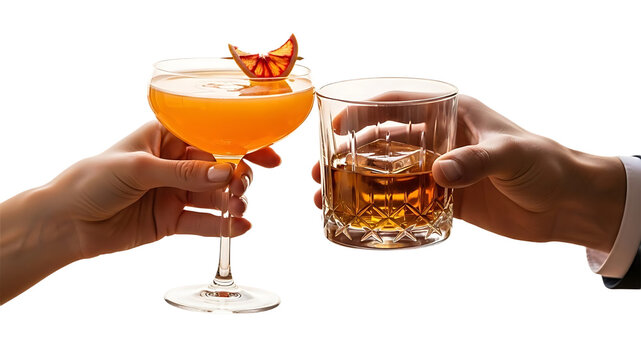 Two hands holding cocktails and whiskey glasses in a toast