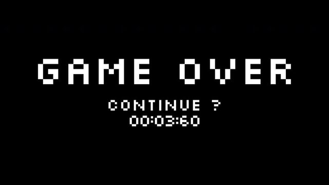Game over glitch screen with continue option. Suitable for game design, vintage themes, and nostalgic digital projects. Classic gaming vibes.