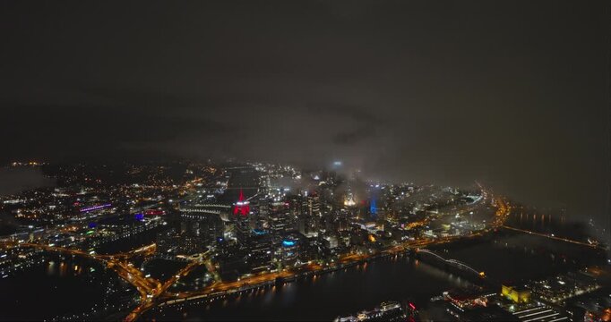 Pittsburgh Pennsylvania Aerial v56 high flyover South Shore capturing views of Monongahela and Allegheny rivers and downtown cityscape under foggy night sky - Shot with Inspire 3 8k - Sept 24th 2023