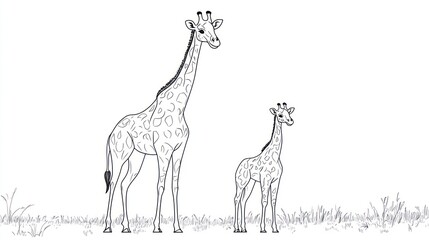 Giraffe mother and calf in African savanna. Stock illustration