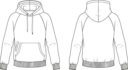 Hoodie technical flat sketch front and back view, unisex pullover garment drawing, detailed fashion template with hood, pocket, rib cuffs