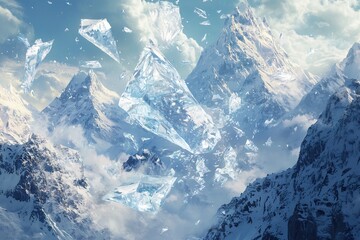 A surreal landscape of fractured ice mountains suspended among snowy peaks bathed in ethereal light with a dreamlike