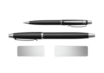 Two luxury matte black pens with silver accents and a blank panel for a logo isolated on a transparent background. Concept for luxury business branding