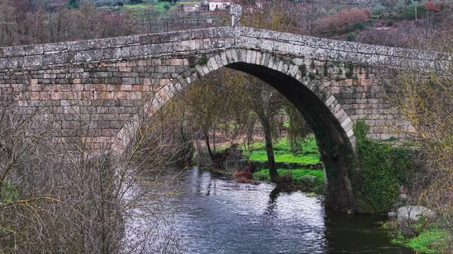 Varosa river and fortified Ucanha stone bridge, Ucanha village, Aerial