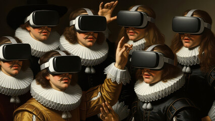 Group of renaissance men wearing modern virtual reality headsets