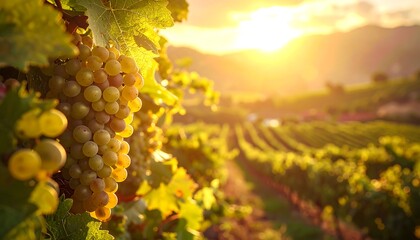 Obraz premium Golden Sunset Over Lush Vineyard with Ripe White Grapes.