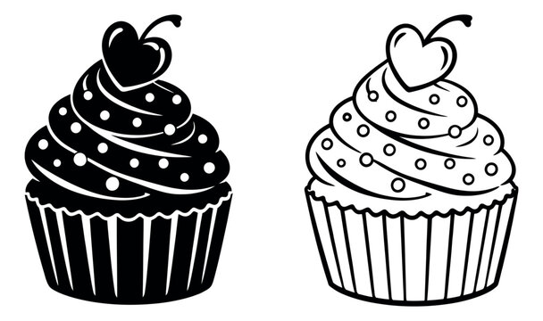 Hand drawn black and white cupcake set featuring a heart cherry and sprinkles for Valentine's day