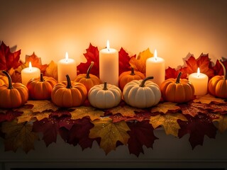 Autumn Decor with Candles Pumpkins and Fall Leaves